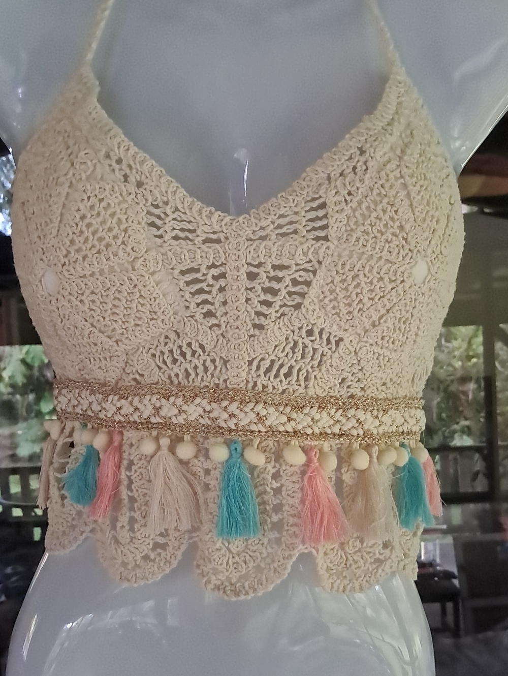 Crochet Tassel Trim Crop Top - Cream with Pink & Blue Accents
